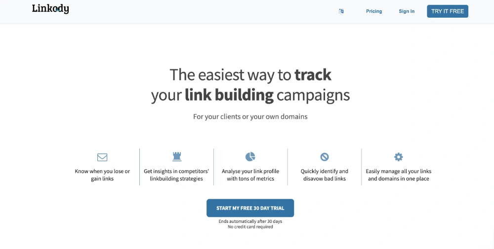 Linkody che mostra le caratteristiche del monitoraggio delle campagne di link building,